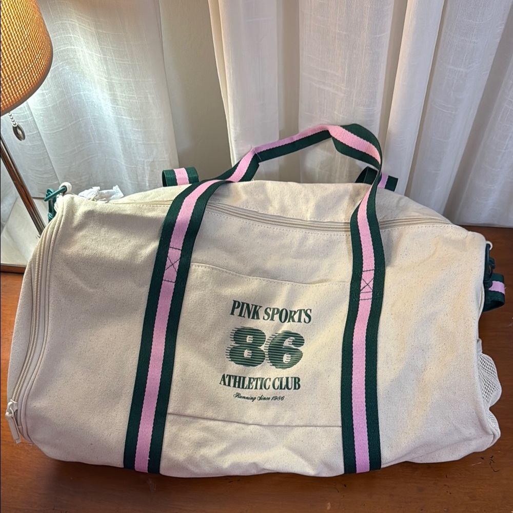 PINK Duffel Bag - Cream cotton with pink and green accents